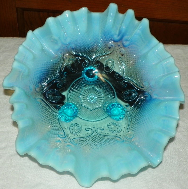 Gorgeous Blue Opalescent Three Footed Ruffled Compote Bowl Candy Dish ...