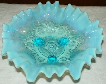 Gorgeous Blue Opalescent Three Footed Ruffled Compote Bowl Candy Dish ~ 9.25" Wide X 9.25" Wide X 2.75" Tall ~ Collectible Glassware