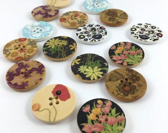 Set of 16 various patterned wooden buttons