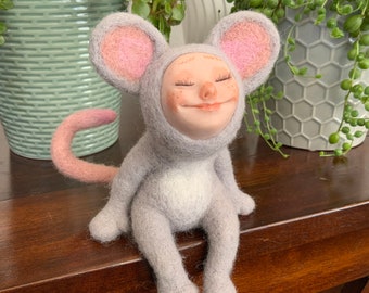 Lil’ Mouse- Hopeful Creature OOAK Handmade felted seated doll