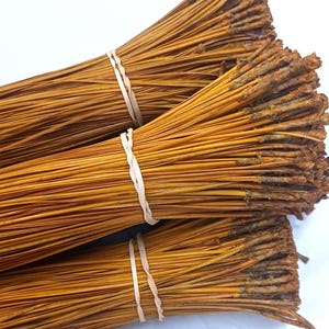 May include: A bundle of dried, brown palm leaves tied together with rubber bands. The leaves are long and thin, and they have a natural, rustic look.