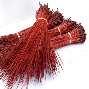 May include: A bundle of red dyed pine needles, tied together with rubber bands. The needles are long and thin, and they are arranged in a fan shape.