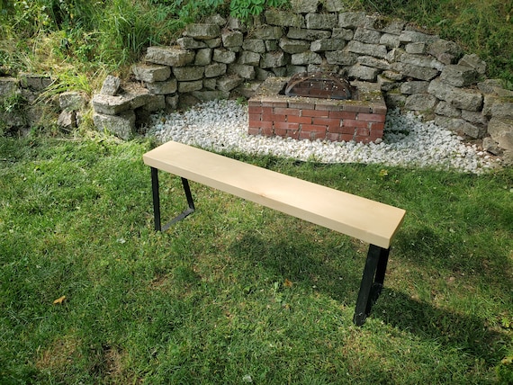 4 Ft Slab Pine Bench Indoor outdoor Piece Thick Pine Trapezoid Metal Legs Etsy