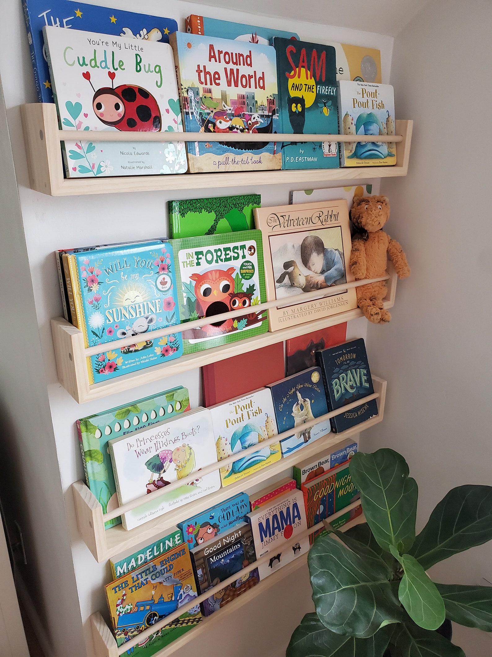 wooden hanging bookshelves for nursery