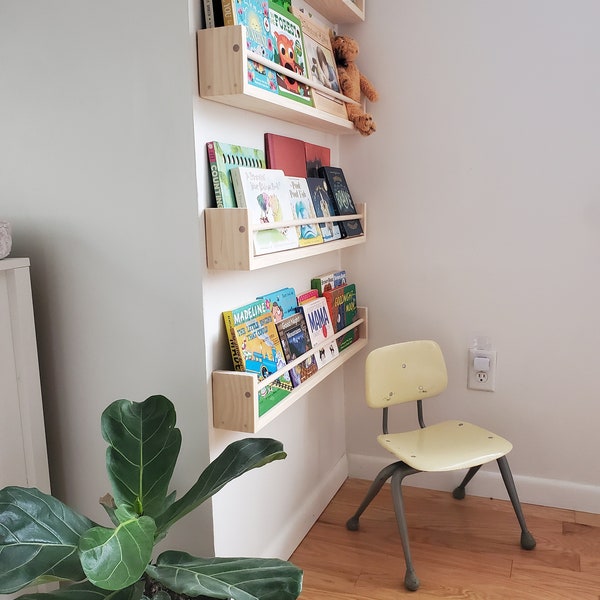 Nursery Bookshelf, "Waterfall" Corner Joint,  Natural Pine (Classic Design) Custom Sizing Available, Modern, Knot-less Wood, Joinery