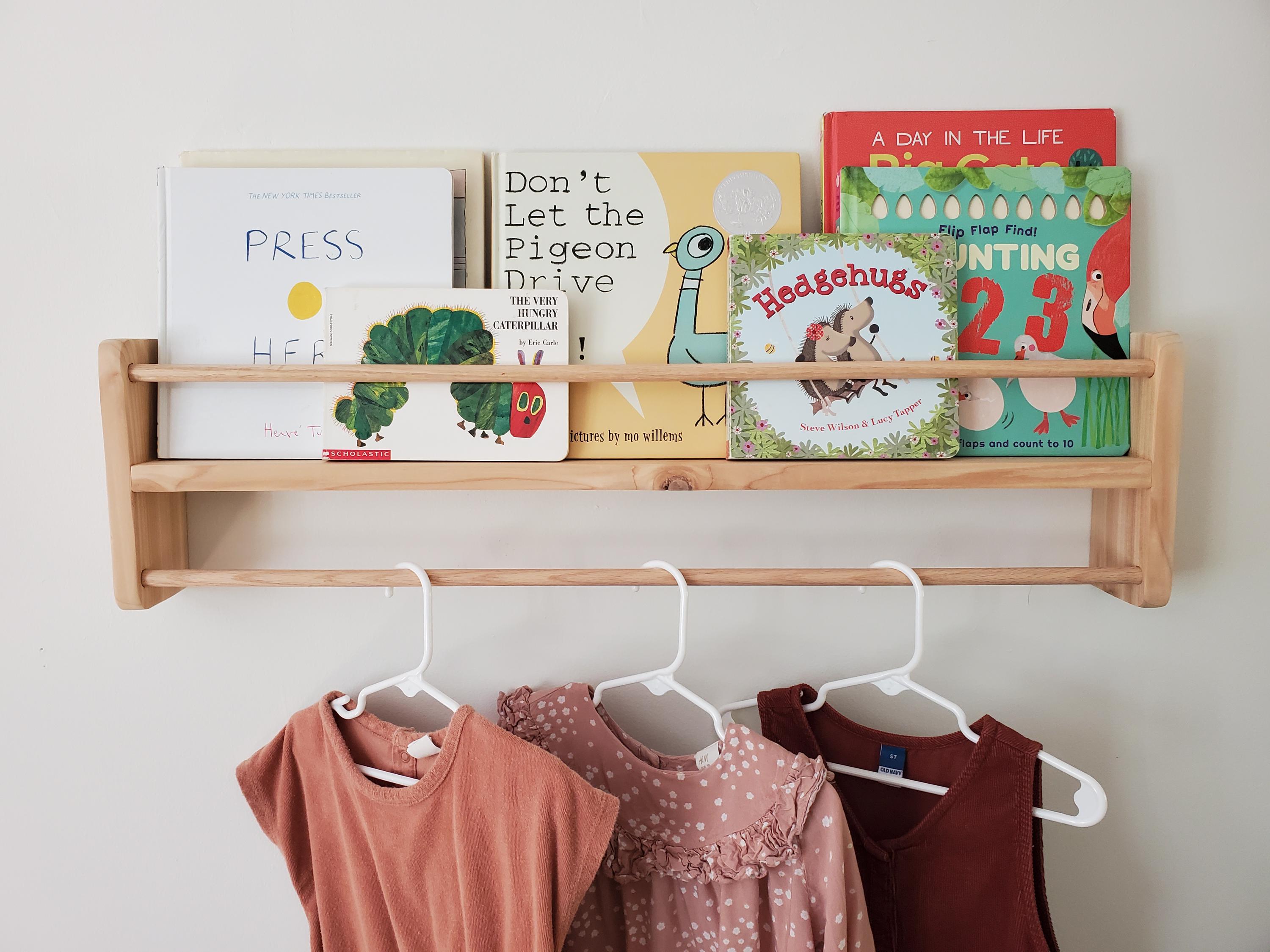 Natural Cedar Combination Bookshelf, 18"-36", Bookshelf/Picture Shelf With Clothing Rod, Classic Joinery, Home Office, Homeschooling