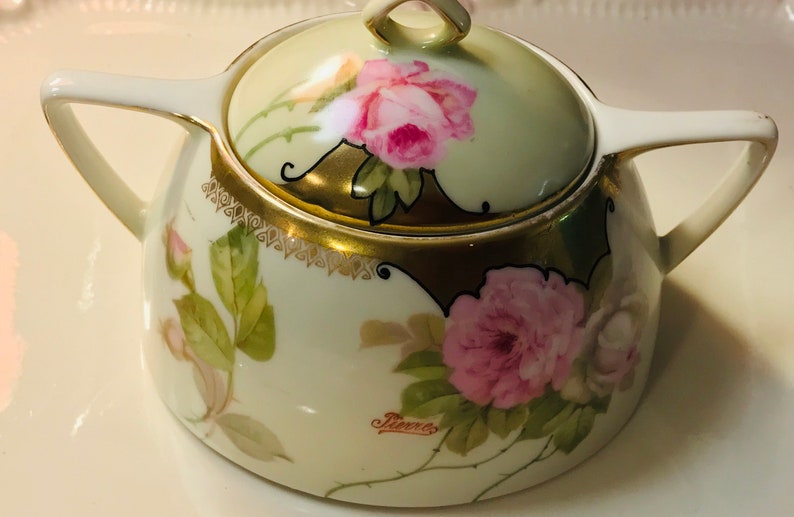 Pretty Pink Addiction-Vintage PSAG Bavaria Hand Painted Artist Signed Sugar Bowl or Honey Pot