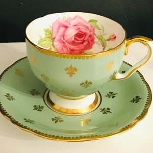 Pretty in Pink-and Green Stunning Aynsley Cabbage Rose Teacup and Saucer