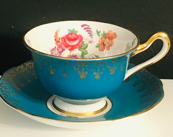 Pretty in Pink-Royal Albert Blue and Floral Teacup and Saucer
