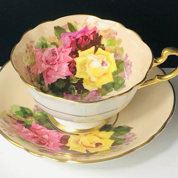 Highly Collectible! Stunning Double Royal Warrant Paragon In Peach With Yellow and Pink Cabbage Roses Made in England Teacup and Saucer