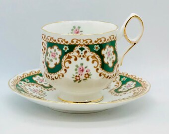 Pretty in Pink-Beautiful Rosina Green And White Teacup and Saucer