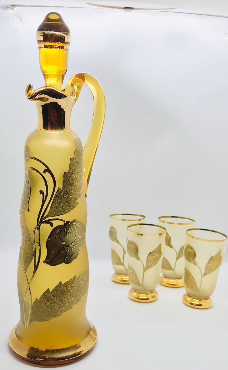 Pretty Pink Addictionamber Glass Decanter Set With Gold Etsy