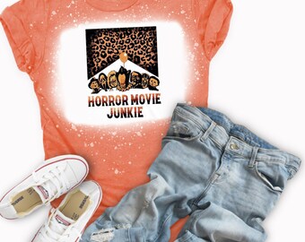 Halloween junkie tshirt, bleached sublimation tshirt, fall, horror movie characters, cheetah