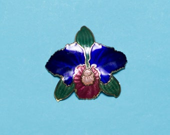 Vintage 1970s Cloisonne Orchid Brooch