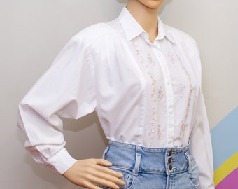 Vintage 1980s White with Pastel Embroidered Flowers Blouse | Medium | 2