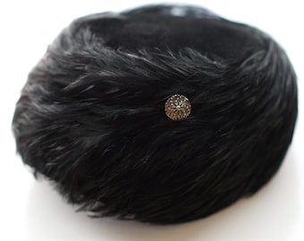 Vintage 1950s Black Feathered Hat | 50s Velour