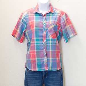 Vintage 1980s Pastel Plaid Shirt | 80s Preppy Blouse | Medium | 10