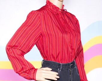 Vintage 1970s Red Pinstriped High Neck Blouse | Medium | 18