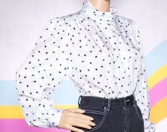 Vintage 1980s Black and White Blouse | Medium | i-12