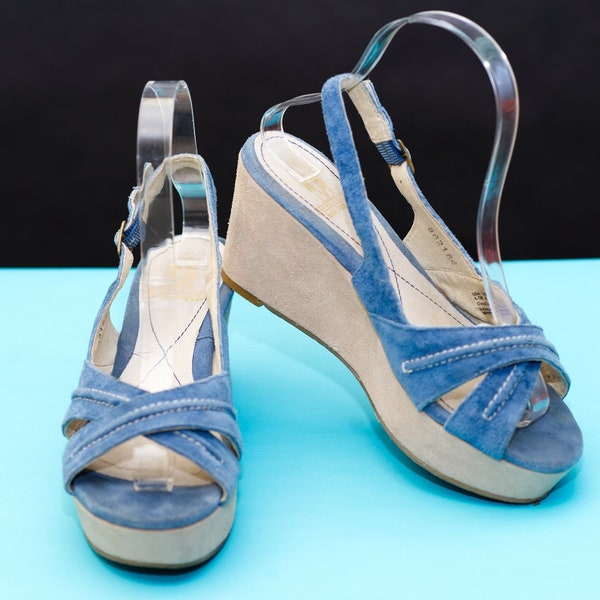 Retro Blue Suede Hush Puppies Platform Sandals | 6 - 6 1/5