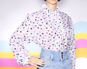 Vintage 1970s Ruffled Collar Polka Dot Blouse | Large | 18