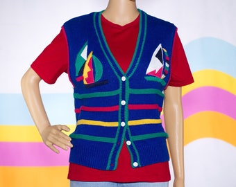 Vintage 1980s Sailboat Sweater Vest | Small | 1