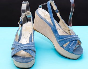 Retro Blue Suede Hush Puppies Platform Sandals | 6 - 6 1/5