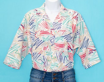 Vintage 80/'s Blouse Oversize Buttons Front Power Party Dark Teal UK1214 EU3840