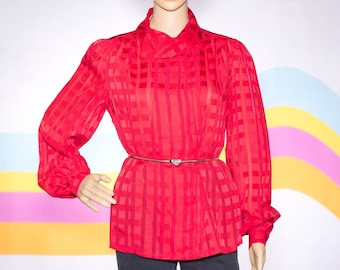 Vintage 1970s Red Fold Collar Blouse | Medium | i-19