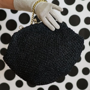 Vintage 1960s Black Rafia Handbag by Garay with a Gold tone Chain Handle 60s large