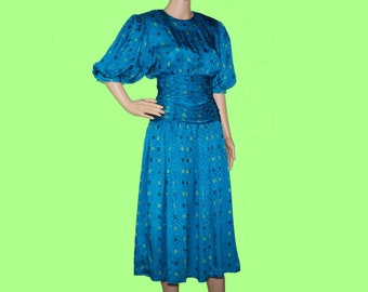 Vintage 1980s Turquoise Silk Midi Dress | Medium | 18