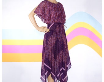 Vintage 1970s Boho Purple Scarf Dress | Small/Medium | 12