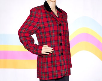 Vintage 1980s Wool Plaid Blazer Velvet Collar by Talbots | Small / Medium