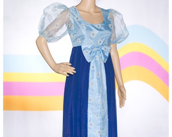 Vintage 1960s Blue Daisy Maxi Dress with Puff Sleeves | Small