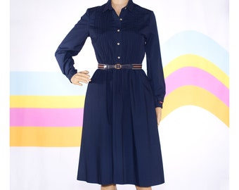Vintage 1980s Sasson Navy Blue Shirtwaist Dress | Small | 18