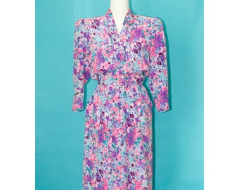 Vintage 1980s Pink and Purple Floral Dress | Large | 2