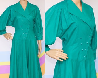 Vintage 1980s Green Midi Dress | Small