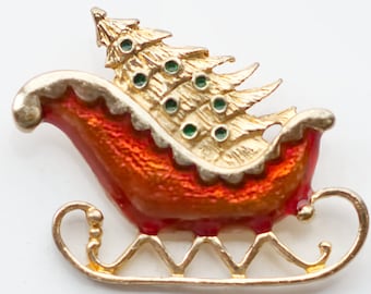 Vintage Sleigh and Christmas Tree Brooch Pin | Red Enamel Gold tone