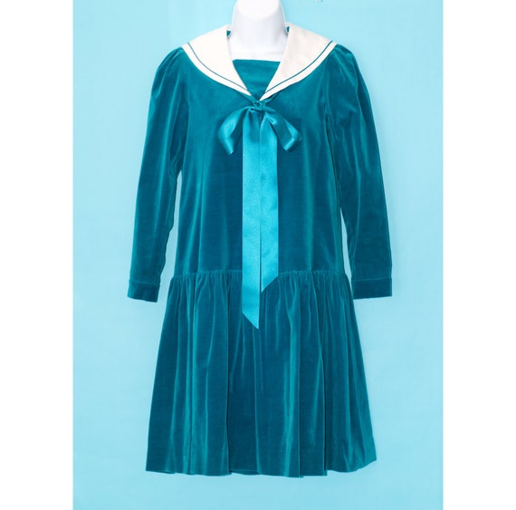 Vintage 1980s Laura Ashley Teal Velvet Sailor Dres