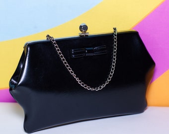 Vintage 1960s Black Chain Handle Handbag with Bow