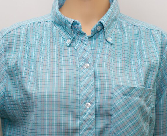 Vintage 1980s Aqua Plaid Button-Up Shirt | Medium… - image 2