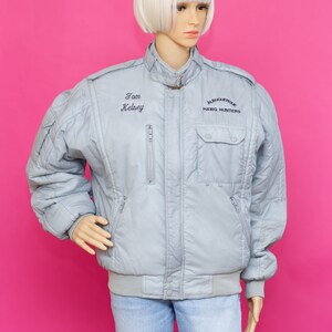 Vintage 1980s Embroidered Gray Bomber Jacket Medium image 2