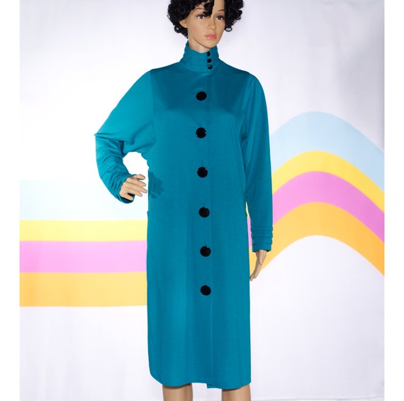 Vintage 1980s Turquoise High Neck Dress with Larg… - image 2