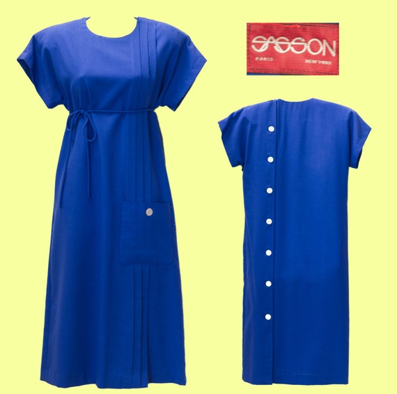 Vintage 1980s Sasson Royal Blue Dress | 80s Pleat… - image 1