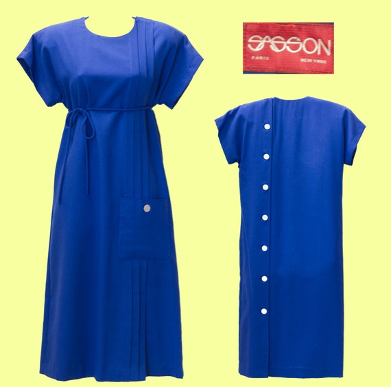Vintage 1980s Sasson Royal Blue Dress | 80s Pleate