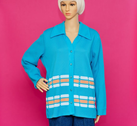 Vintage 1970s Turquoise and Orange Cardigan | Lar… - image 1