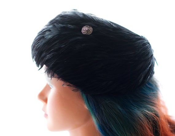 Vintage 1950s Black Feathered Hat | 50s Velour - image 6