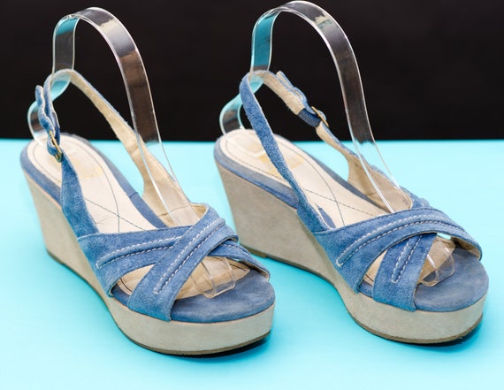 Retro Blue Suede Hush Puppies Platform Sandals | … - image 3