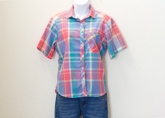 Vintage 1980s Pastel Plaid Shirt | 80s Preppy Blouse | Medium | 10