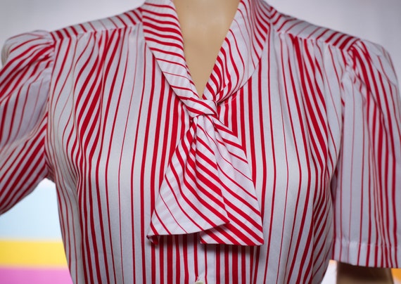 Vintage 1970s Red White Striped Scarf Collar Blou… - image 2